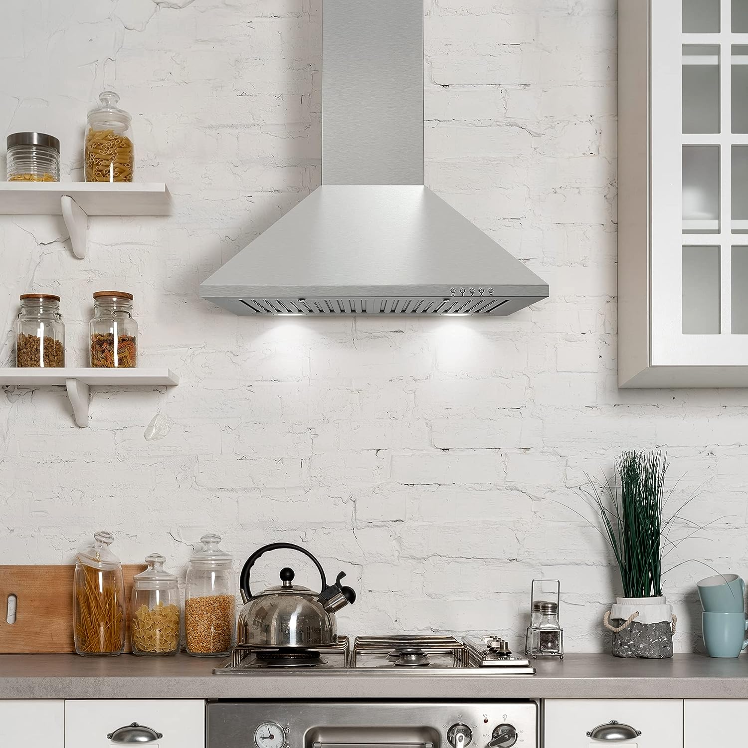 COSMO COS-6324EWH Wall Mount Range Hood. Chimney-Style Over Stove Vent. 3 Speed Fan. Permanent Filters. LED Lights in Stainless Steel (24 inch)