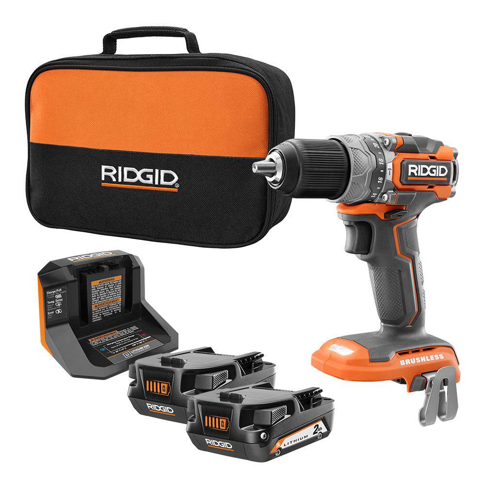 RIDGID R8711K 18V SubCompact Brushless 1/2 in. Hammer Drill Kit with (2) 2.0 Ah Batteries. Charger. and Bag