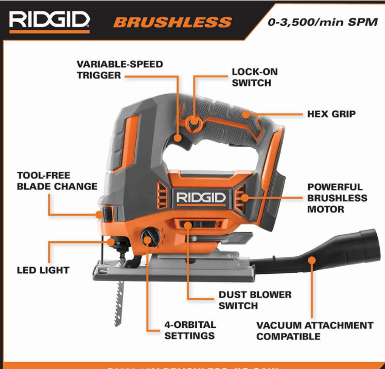 RIDGID R8832B 18V OCTANE Brushless Cordless Jig Saw (Tool Only)