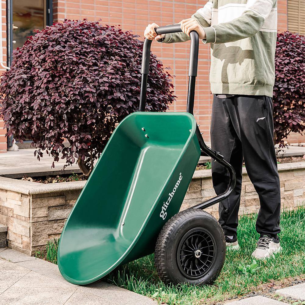 Glitzhome 2003400003 5 cu. ft. Green Steel Framed Plastic Garden Dual-Wheel Utility Dump Cart