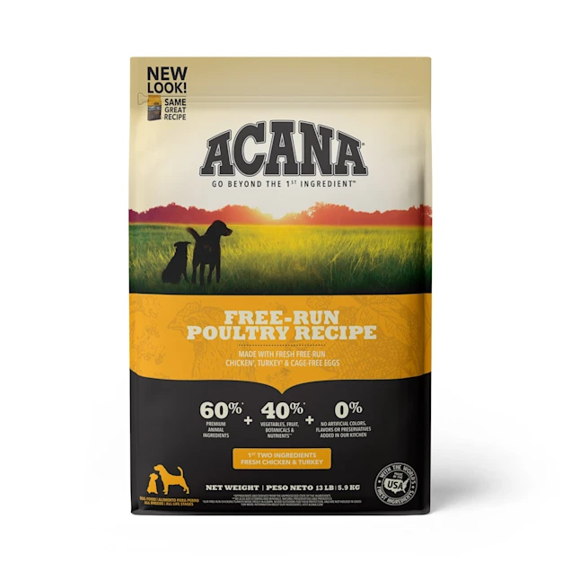 ACANA Grain-Free Free Run Poultry Chicken and Turkey and Cage-free Eggs Dry Dog Food. 13 lbs.