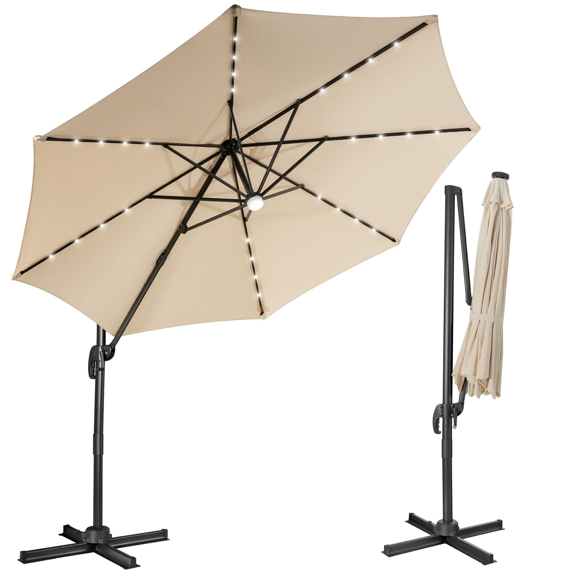 CASAINC 10-ft Beige Solar Powered Crank Cantilever Patio Umbrella with Base