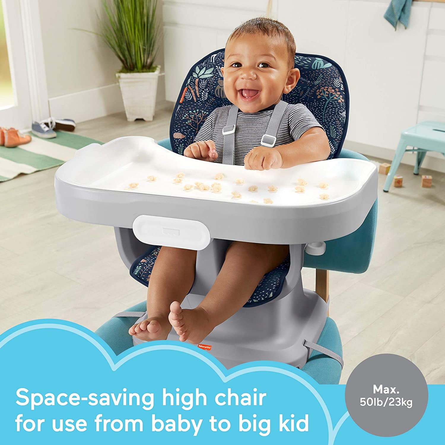 Fisher-Price Spacesaver Simple Clean High Chair Baby To Toddler Portable Dining Seat With Removable Tray Liner. Moonlight Forest