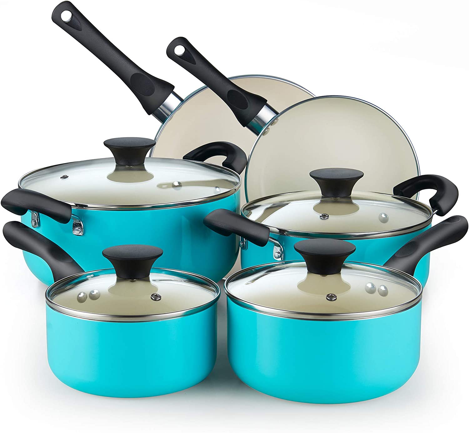 Cook N Home Pots and Pans Set Nonstick. 10 Piece Ceramic Cookware Sets. Kitchen Non Stick Cooking Set with Saucepans. Frying Pans. Dutch Oven Pot with Lids. PFOS and PFOA Free. Turquoise