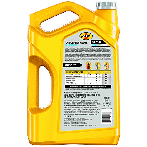 Pennzoil Platinum High Mileage Full Synthetic 5W-30 Motor Oil. 5 Quart