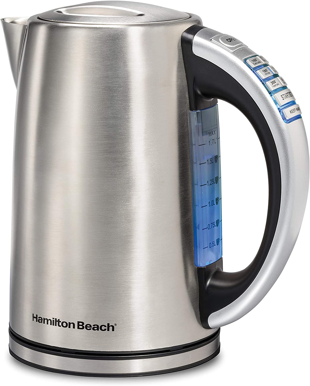 Hamilton Beach 41020R 1.7 Liter Variable Temperature Electric Kettle for Tea and Hot Water. Cordless. Keep Warm. LED Indicator. Auto-Shutoff and Boil-Dry Protection. Stainless Steel