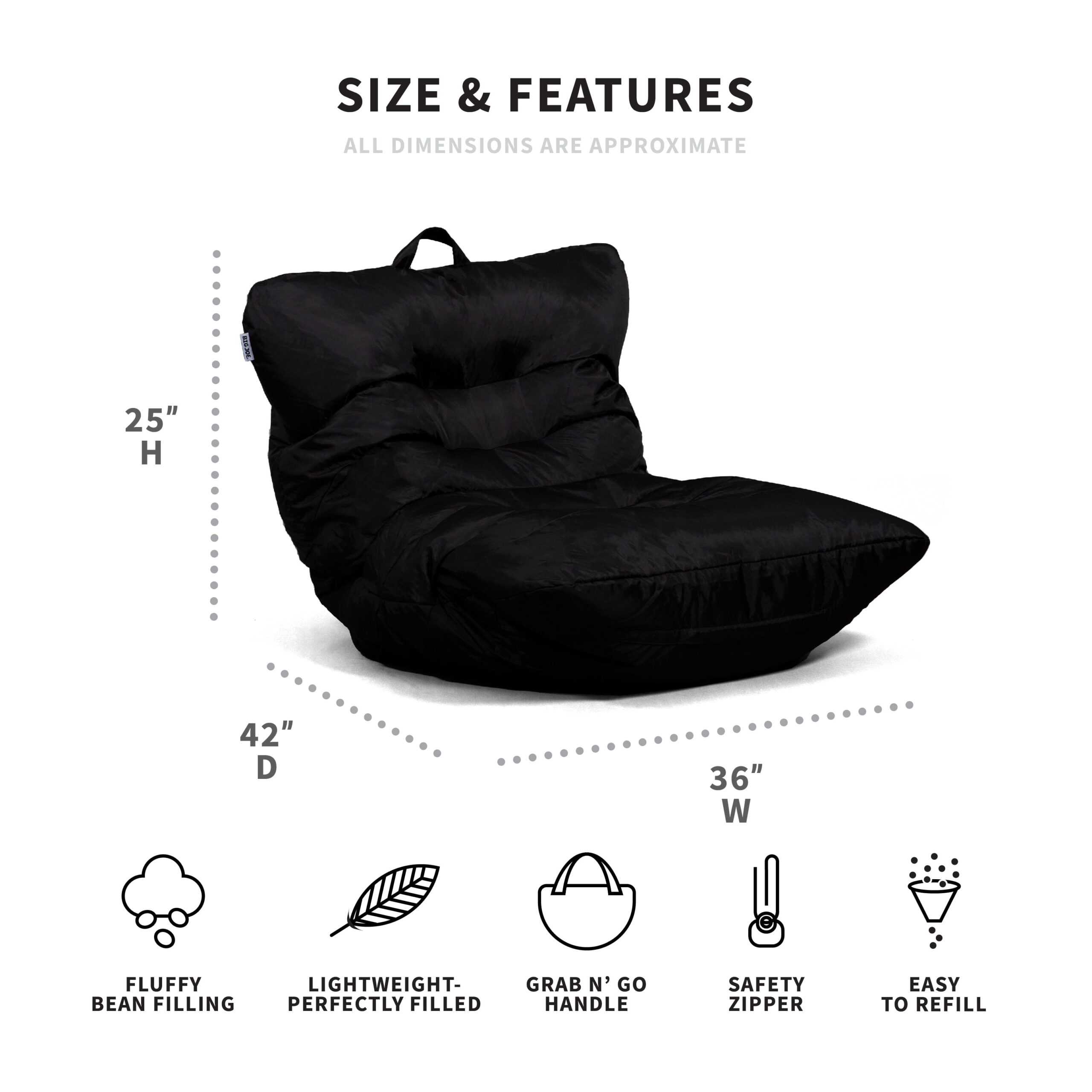 Big Joe Roma Bean Bag Chair. Smartmax 3ft. Black