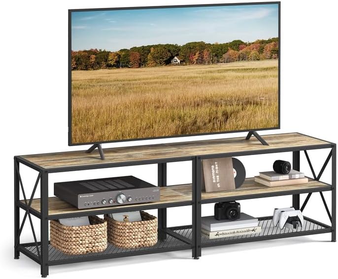 VASAGLE TV Stand. TV Console for TVs Up to 70 Inches. TV Table. 63 Inches Width. TV Cabinet with Storage Shelves. Steel Frame. for Living Room. Bedroom. Turquoise Brown and Black ULTV095B60