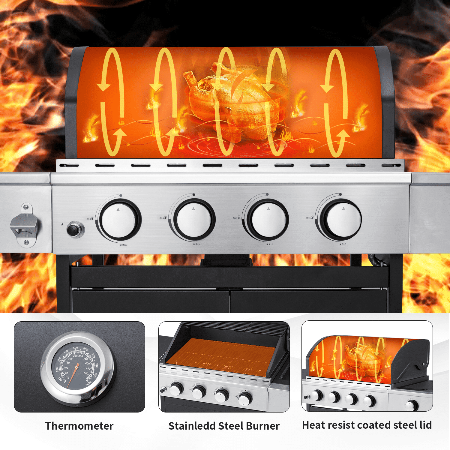 Mellcom 4 Burner Gas Grill.36000 BTU BBQ Propane Stainless Steel with Side Table for Patio Garden