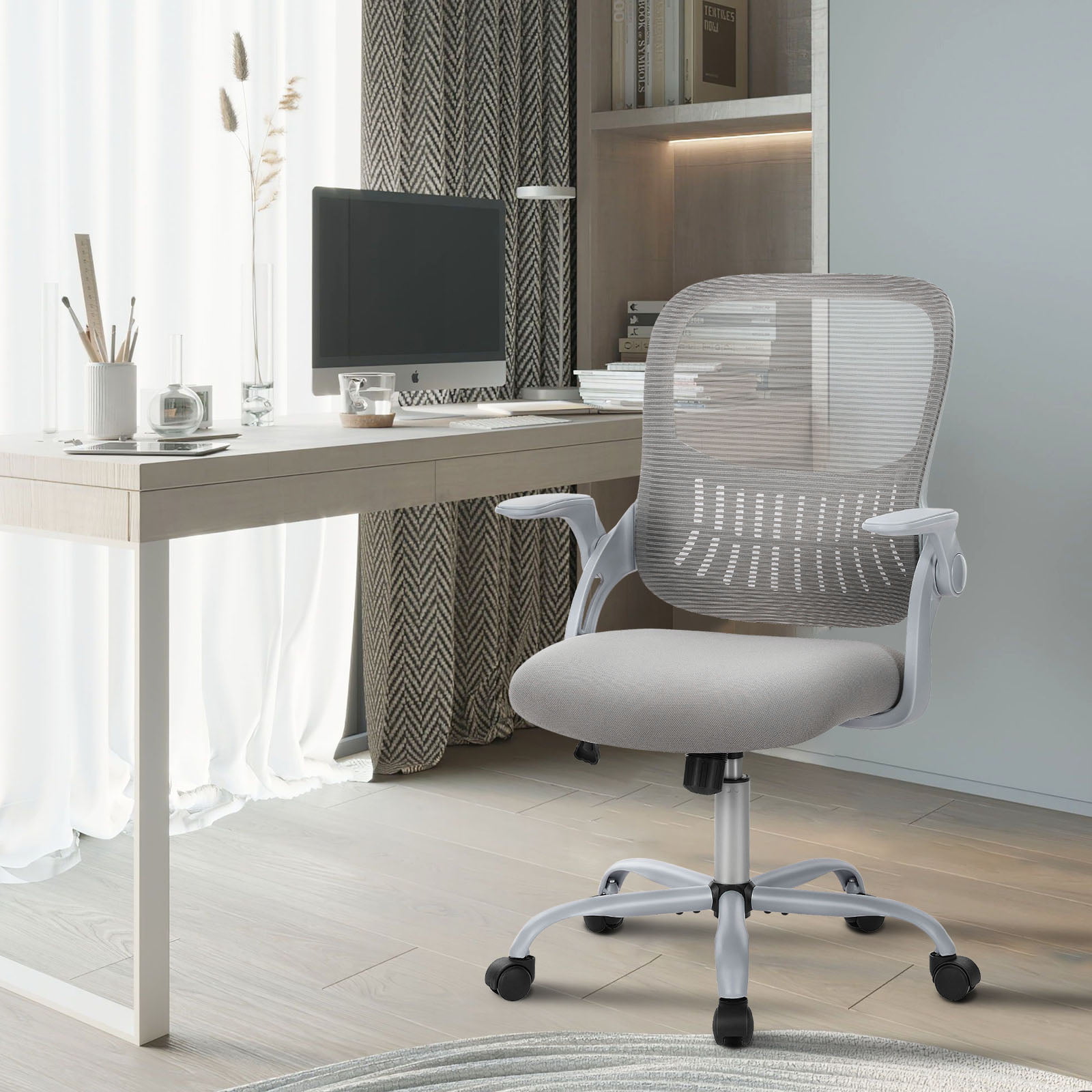 Yoyomax Office Chair. Ergonomic Home Office Desk Chairs. Computer Chair with Comfortable Armrests. Mesh Desk Chairs with Wheels. Mid-Back Task Chair with Lumbar Support. Flipped up Armrests. Gray