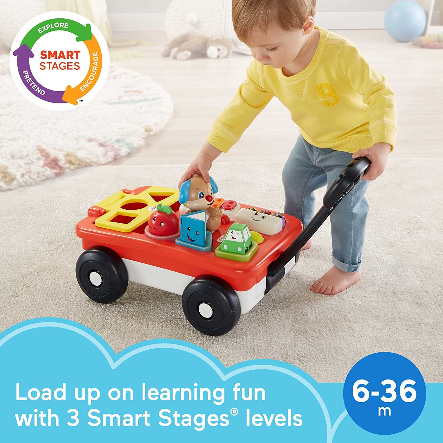 Fisher-Price Laugh & Learn Pull & Play Learning Wagon. interactive activity toy with Smart Stages learning content for babies and toddlers ages 6 months and up