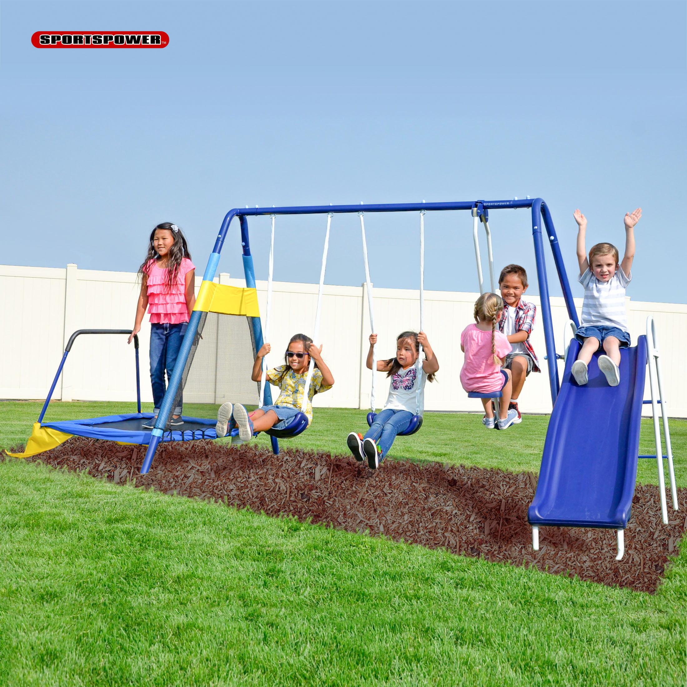 Sportspower Almansor Metal Swing Set with Glide Ride. Trampoline. and Blow-Molded Slide