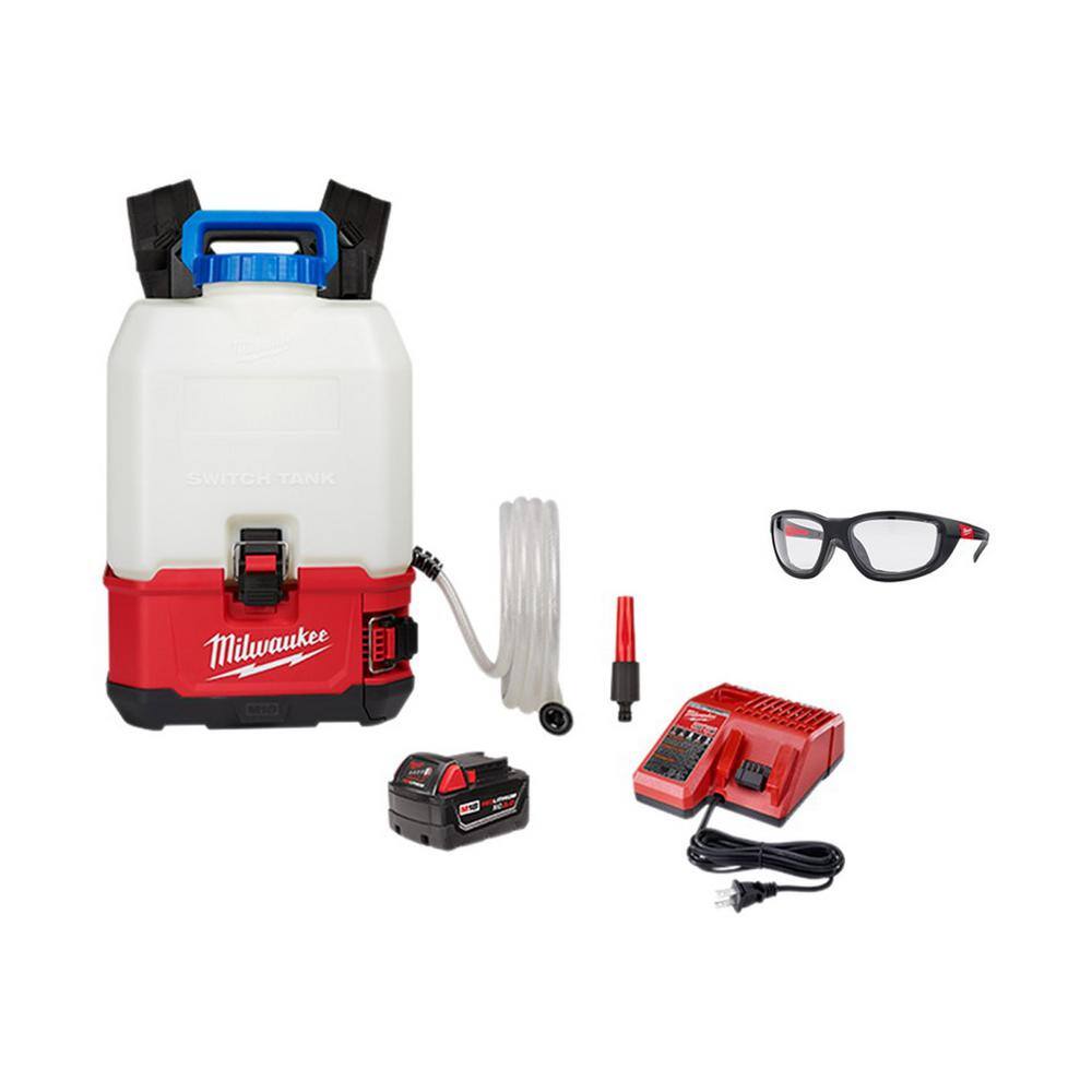 Milwaukee 2820-21WS-48-73-2040 M18 18-Volt 4 Gal. Lithium-Ion Cordless Switch Tank Backpack Water Supply Kit with Battery. Charger & Safety Glasses