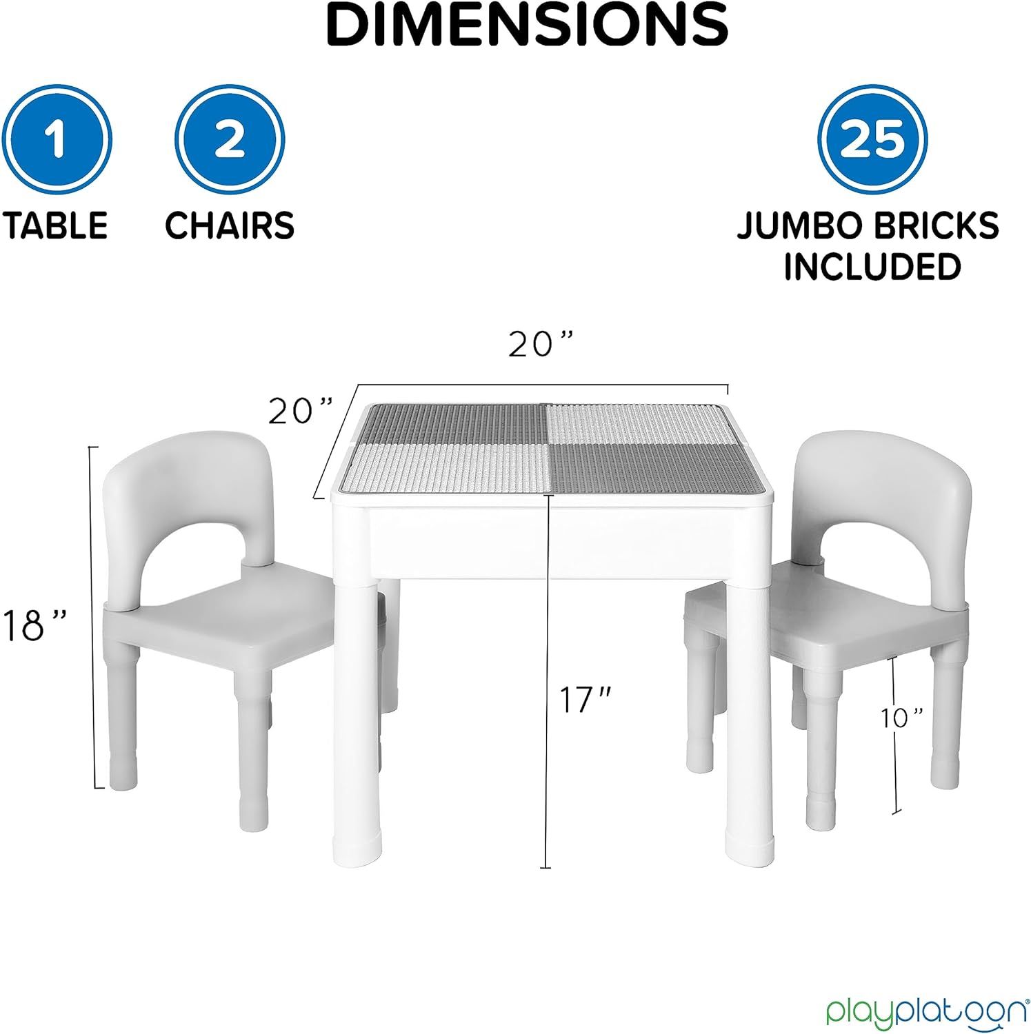 Play Platoon 5 in 1 Kids Activity Table and Chair Set- Stem Table for Toddlers with Water Table. Building Block Table. Craft & Sensory Table for Toddlers with 2 Chairs & 25 XL Blocks – Neutral Gray