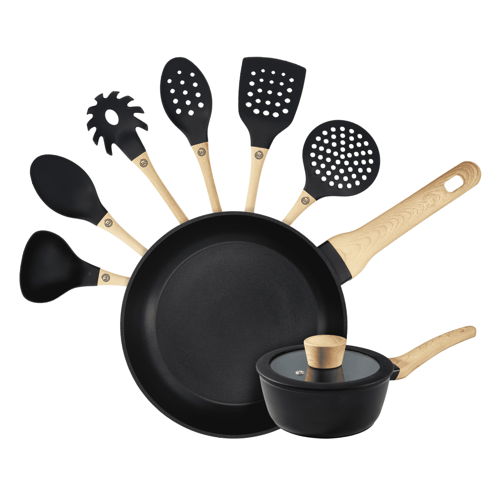 MasterChef 9 Piece Cookware Set. Sauce Pan with Lid Frying Pan and Utensils