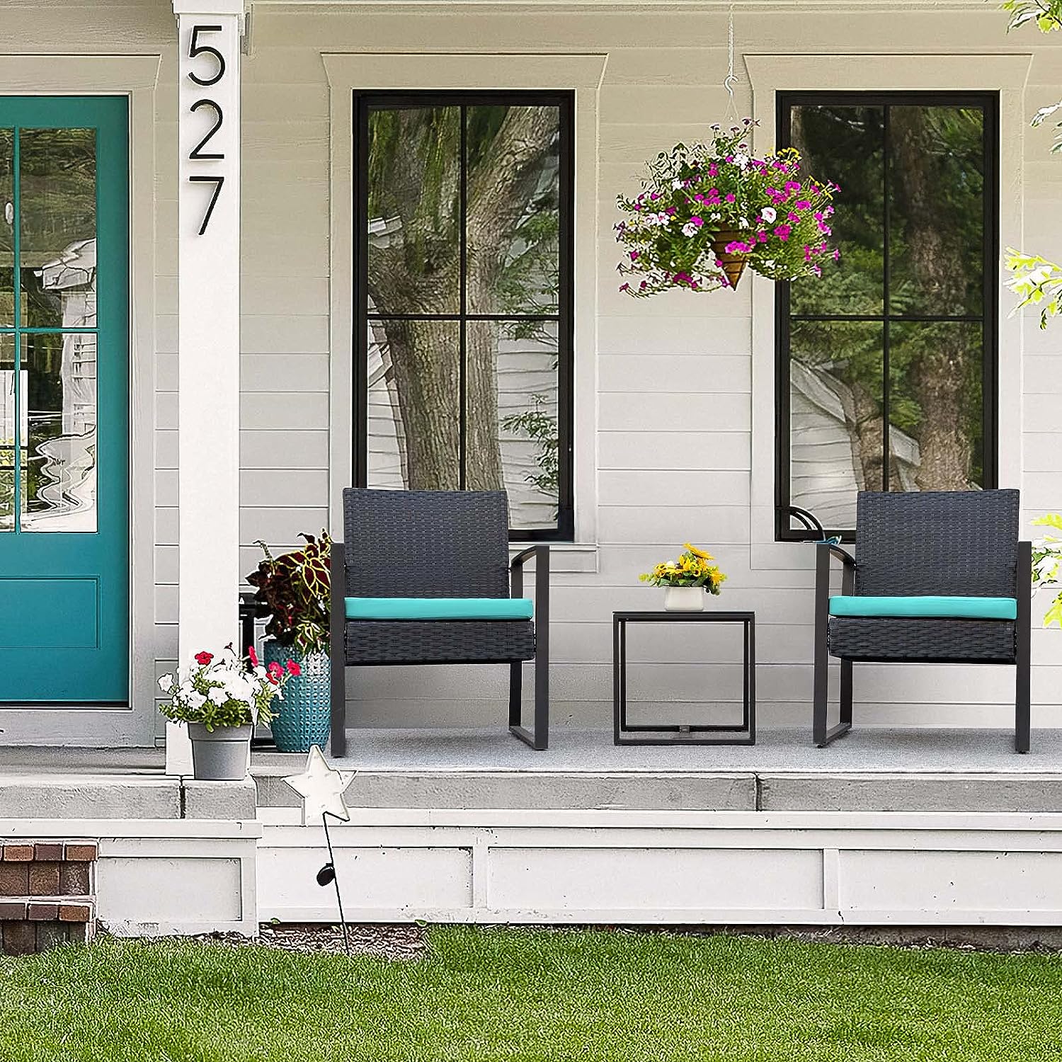 Flamaker 3 Pieces Patio Set Outdoor Wicker Patio Furniture Sets Modern Bistro Set Rattan Chair Conversation Sets with Coffee Table for Yard and Bistro (Blue)