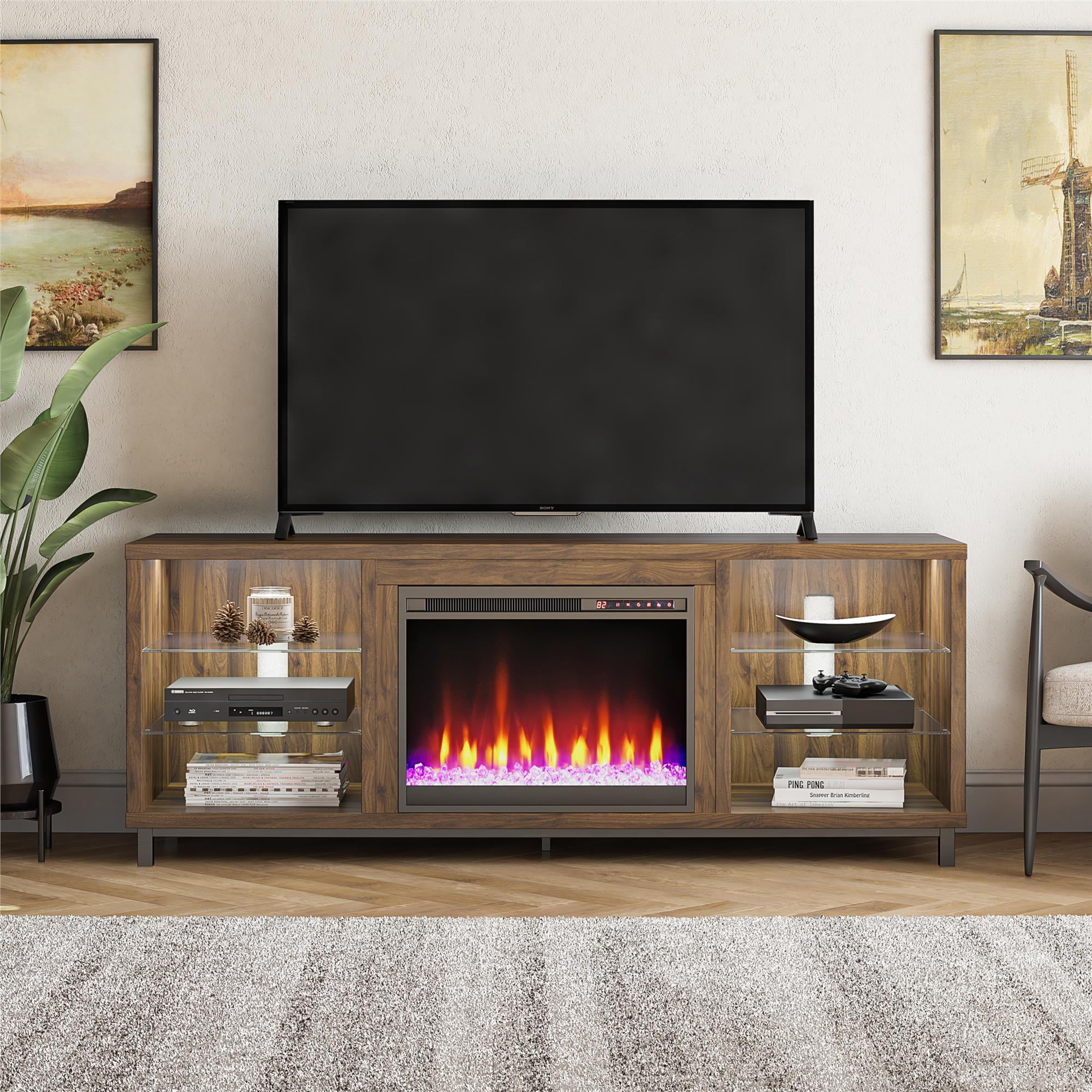 Ameriwood Home Lumina Deluxe Fireplace TV Stand for TVs up to 70″. Walnut