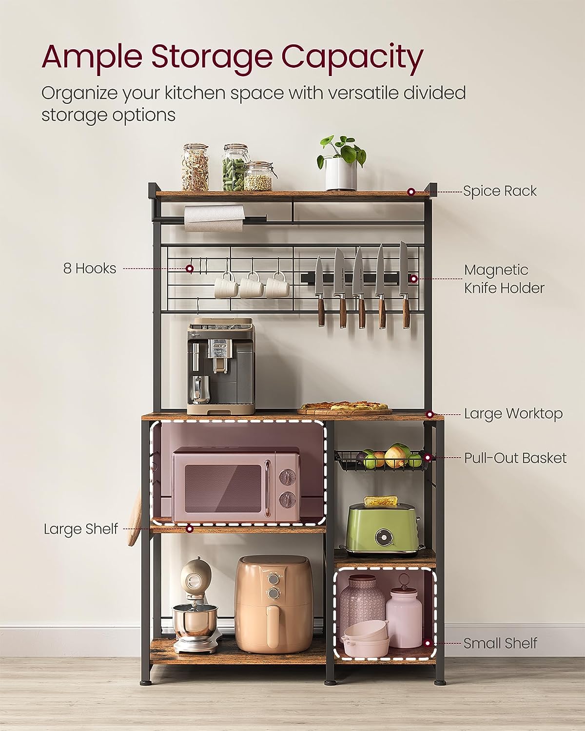 VASAGLE Bakers Rack with Magnetic Knife Holder. Paper Holder. Wire Basket. 8 Hooks. Organizers and Storage. Rustic Brown and Black UKKS026B01