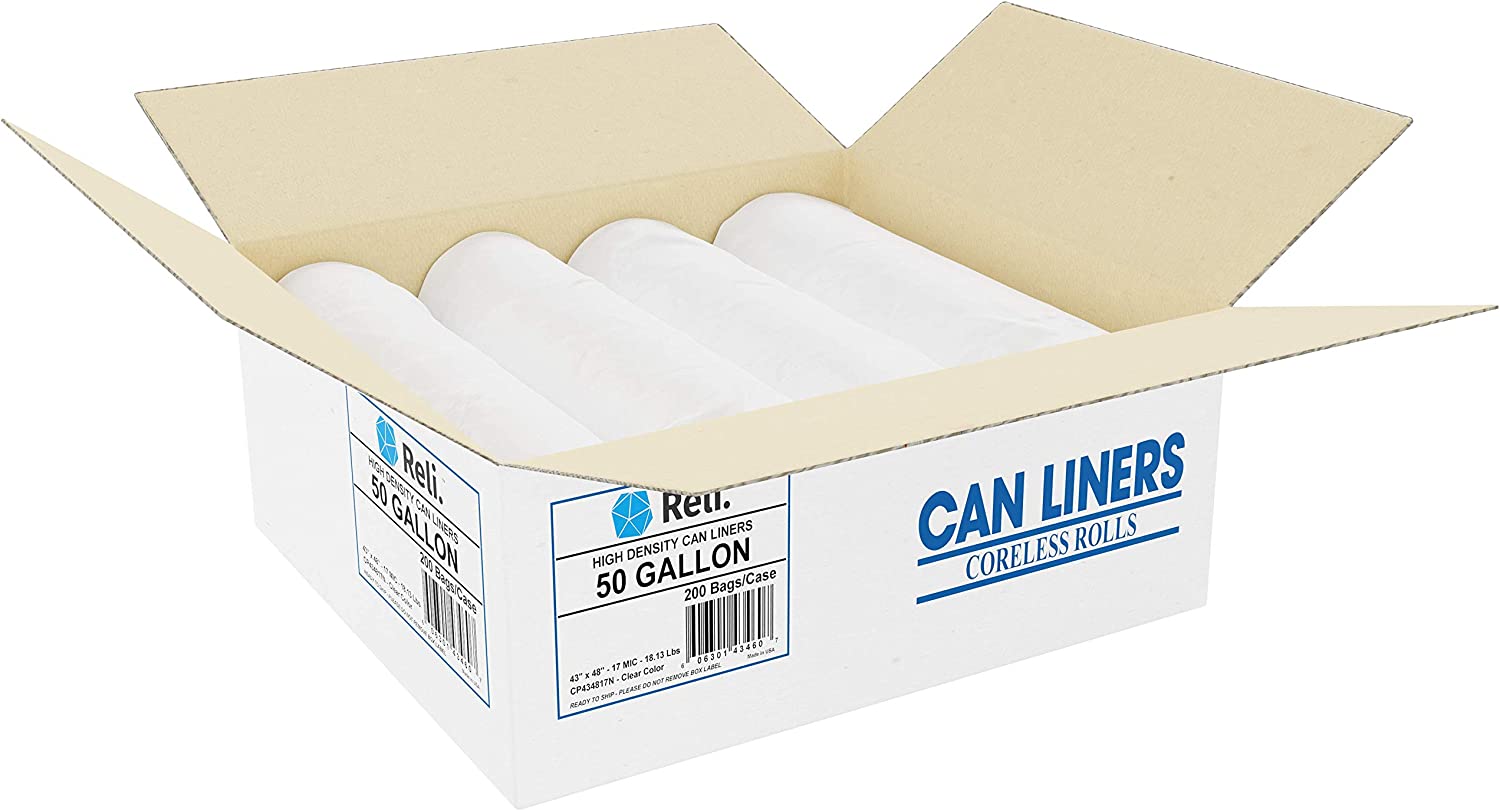 Reli. Trash Bags. 50 Gallon (200 Count) (Clear). Made in USA | Star Seal High Density - Easy Grab Rolls - Can Liners. Garbage Bags with 45 Gallon (45 Gal) - 50 Gallon (50 Gal) Capacity