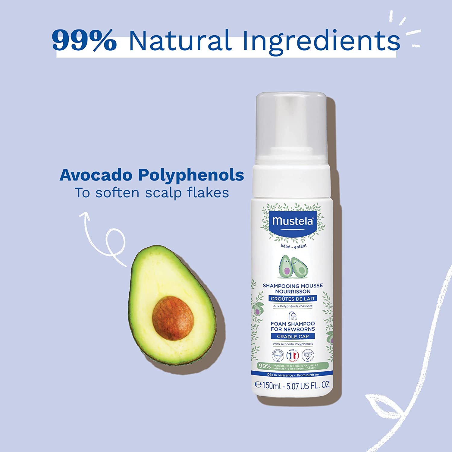 Mustela Cradle Cap Foam Shampoo for Newborn - Baby Shampoo with Natural Avocado