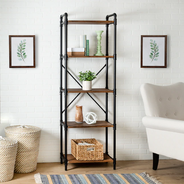 Honey-Can-Do SHF-08841 Black/Natural Metal 5-Shelf Bookcase (11.8-in W x 70.9-in H x 23.6-in D)