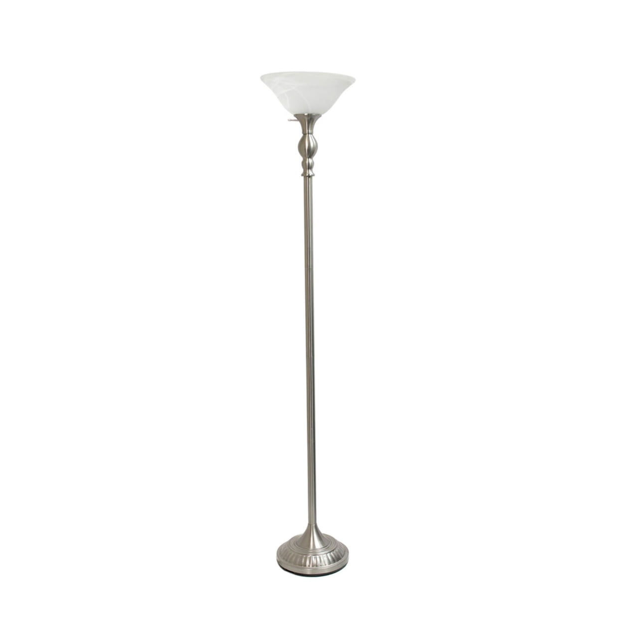 Elegant Designs 1 Light Torchiere Floor Lamp with Marbleized White Glass Shade. Brushed Nickel