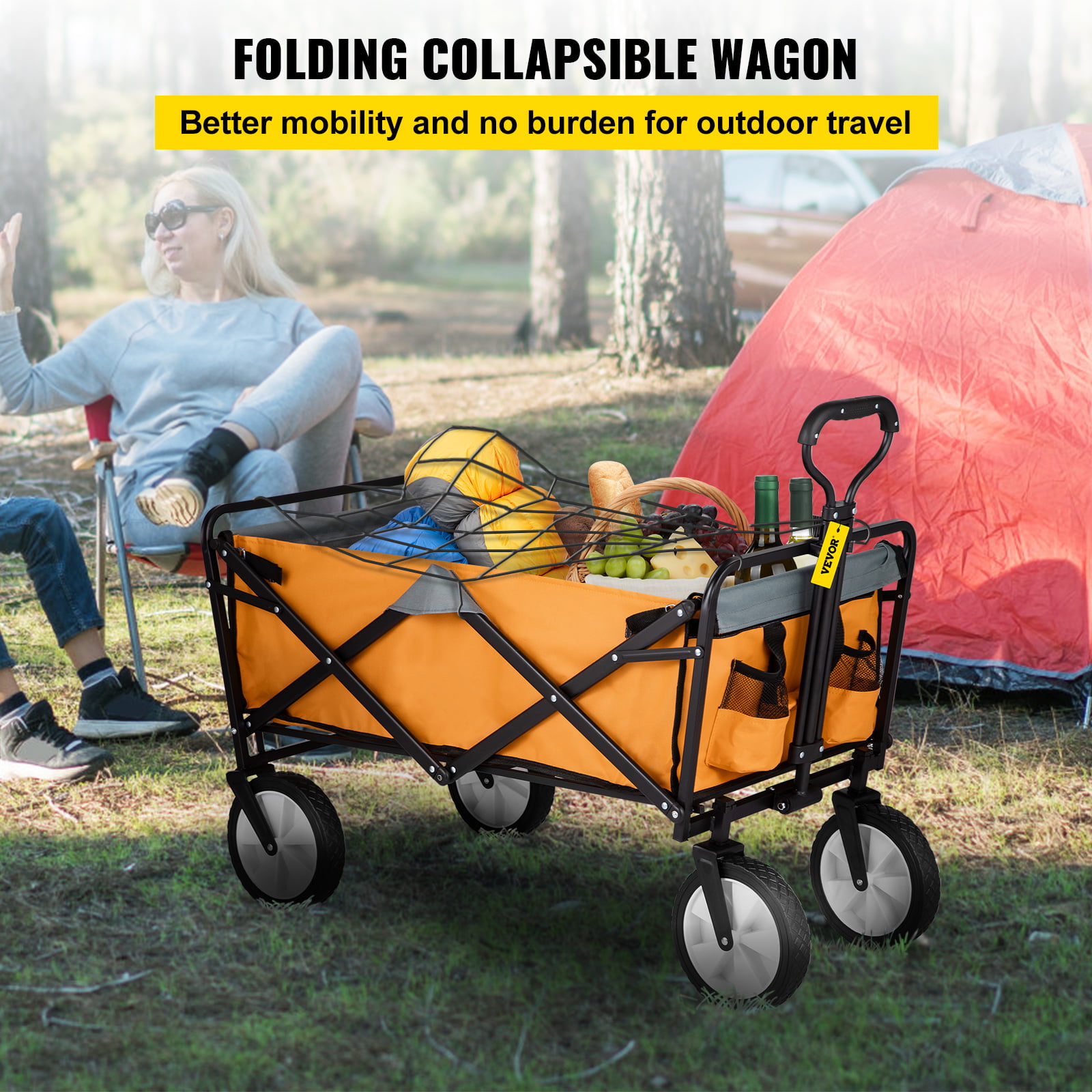 VEVORbrand Collapsible Wagon Cart .Folding Wagon Cart . 176 lbs Load Beach Wagon Oversized Wheels. Portable Folding Wagon Adjustable Handles for Beach. Garden. Sports. Camping. Orange & Gray