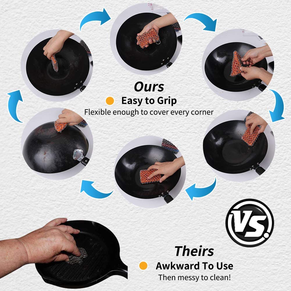 Herda Cast Iron Skillet Scrubber. Chainmail Scrubber Cast Iron Cleaner Set 316 Stainless Steel