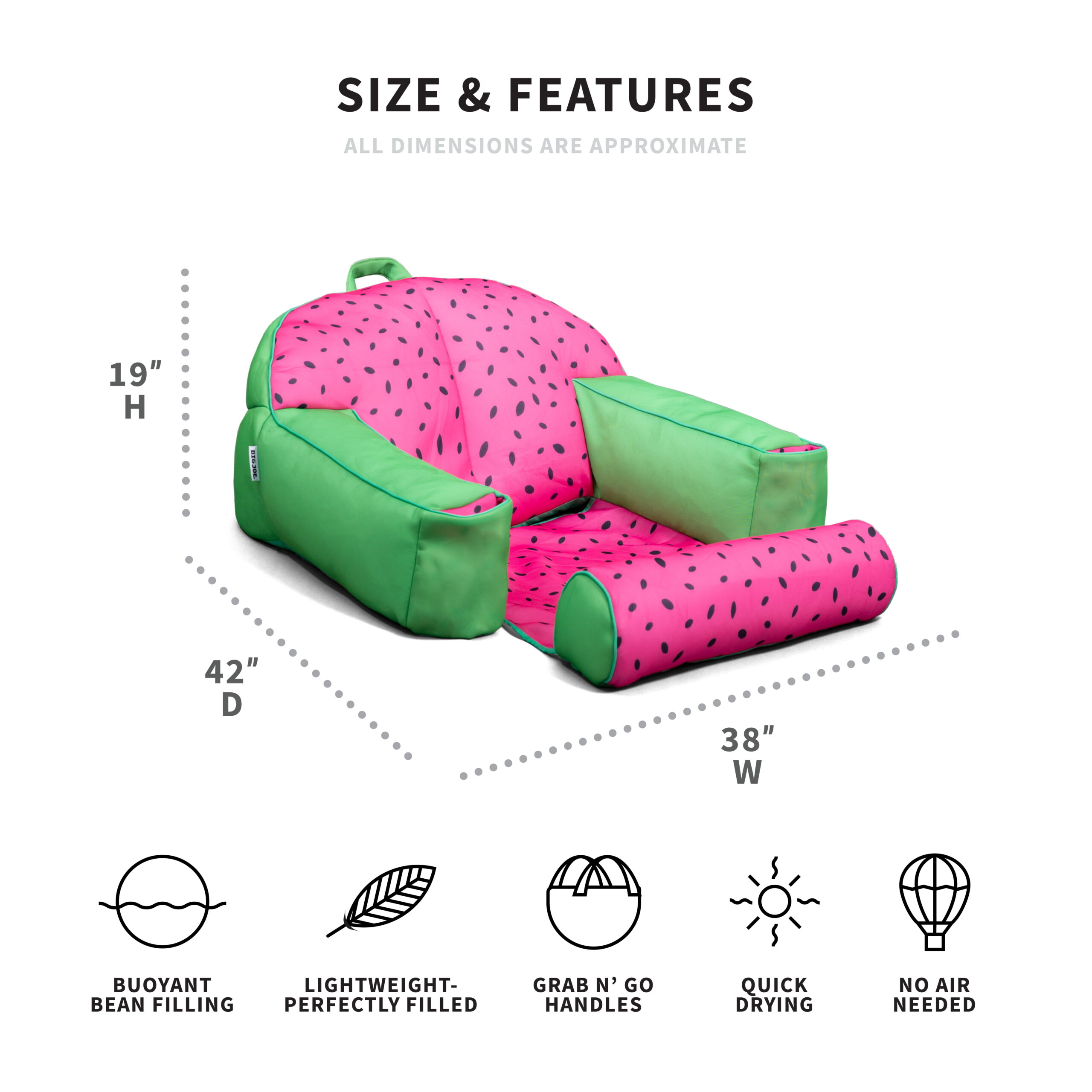 Big Joe Lazy Lounger No Inflation Needed Pool Float with Headrest and Footrest. Summer Melon Double Sided Mesh. 3.5ft Lounger