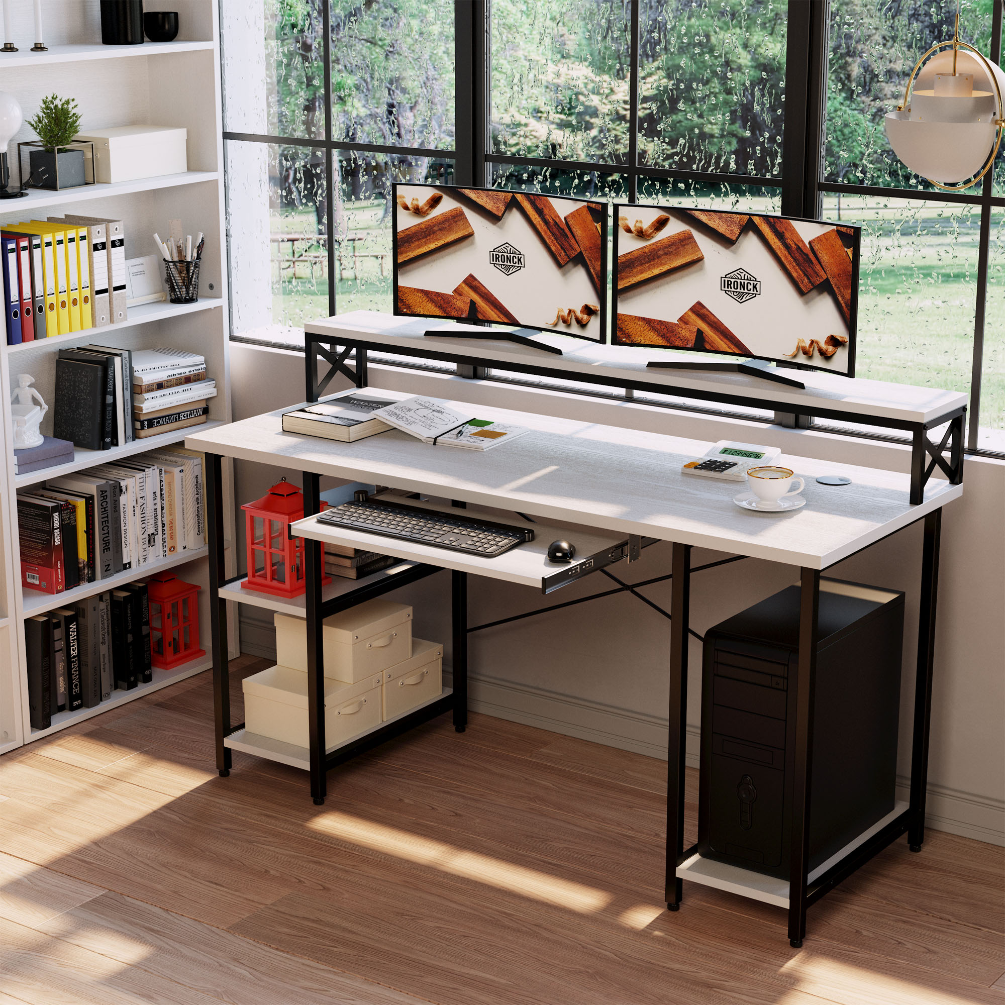 IRONCK Computer Desk 47″ with Keyboard Tray. Modern Industrial Home Office PC Desk Study Writing Table with Monitor Stand Storage Shelf. White