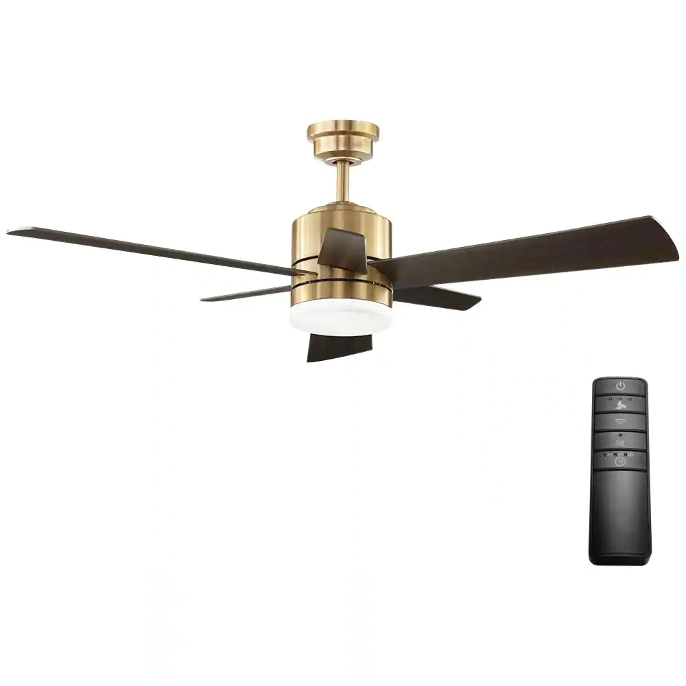 Home Decorators Collection 56024 Hexton 52 in. Indoor Integrated LED Brushed Gold Ceiling Fan with Light Kit. Remote Control and 6 Reversible Blades
