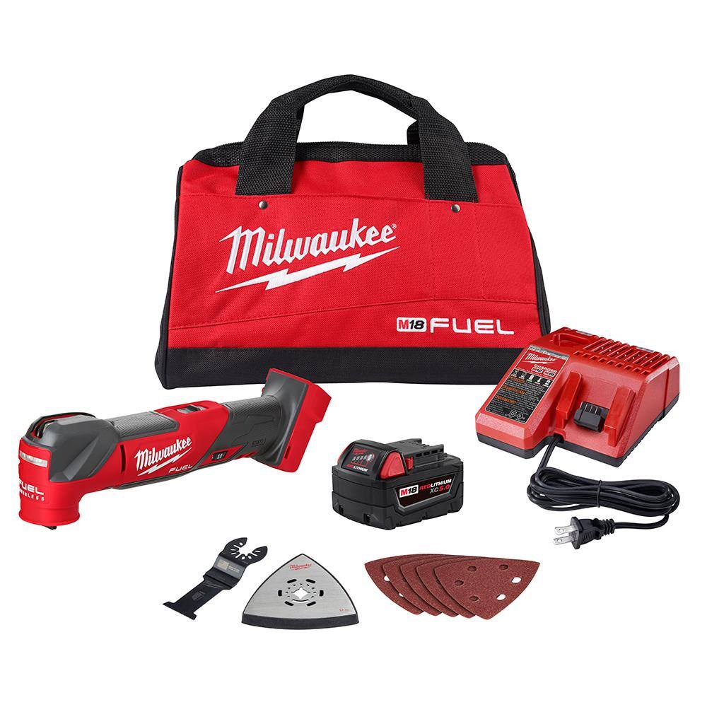 Milwaukee 2836-21 M18 FUEL 18V Lithium-Ion Cordless Brushless Oscillating Multi-Tool Kit with one 5.0 Ah Battery. Charger and Tool Bag