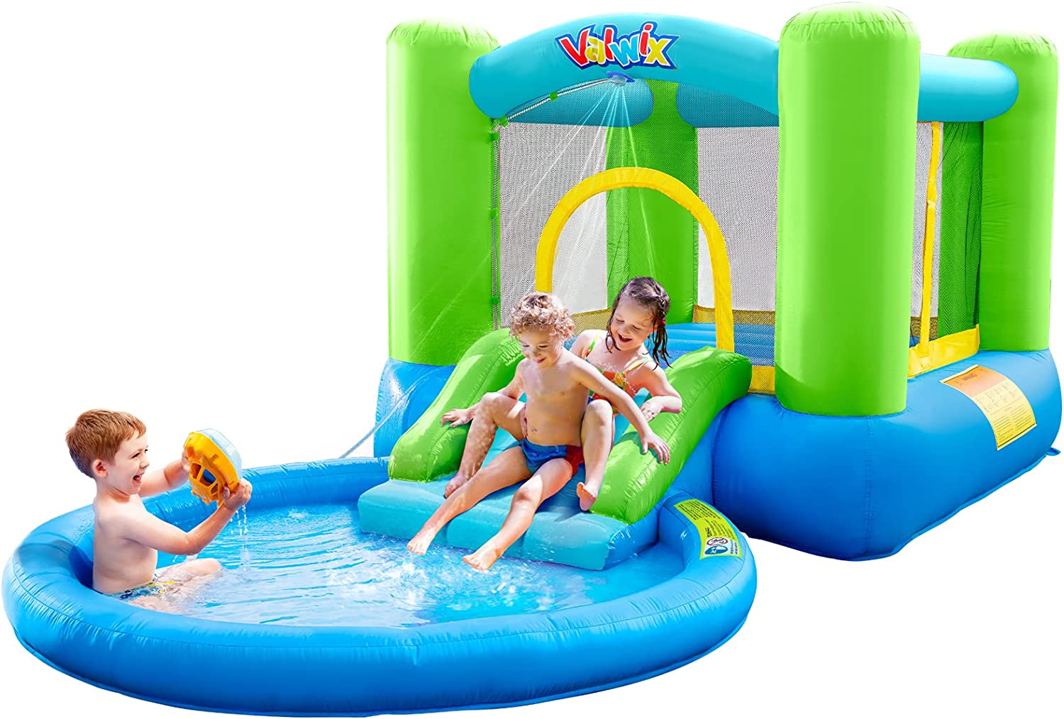 Valwix Inflatable Bounce House with Blower. Bouncy Castle w/Waterslide & Pool for Wet Dry Combo. Bouncer w/Repair Kits. Fun Bounce Area with Basketball Hoop. Green