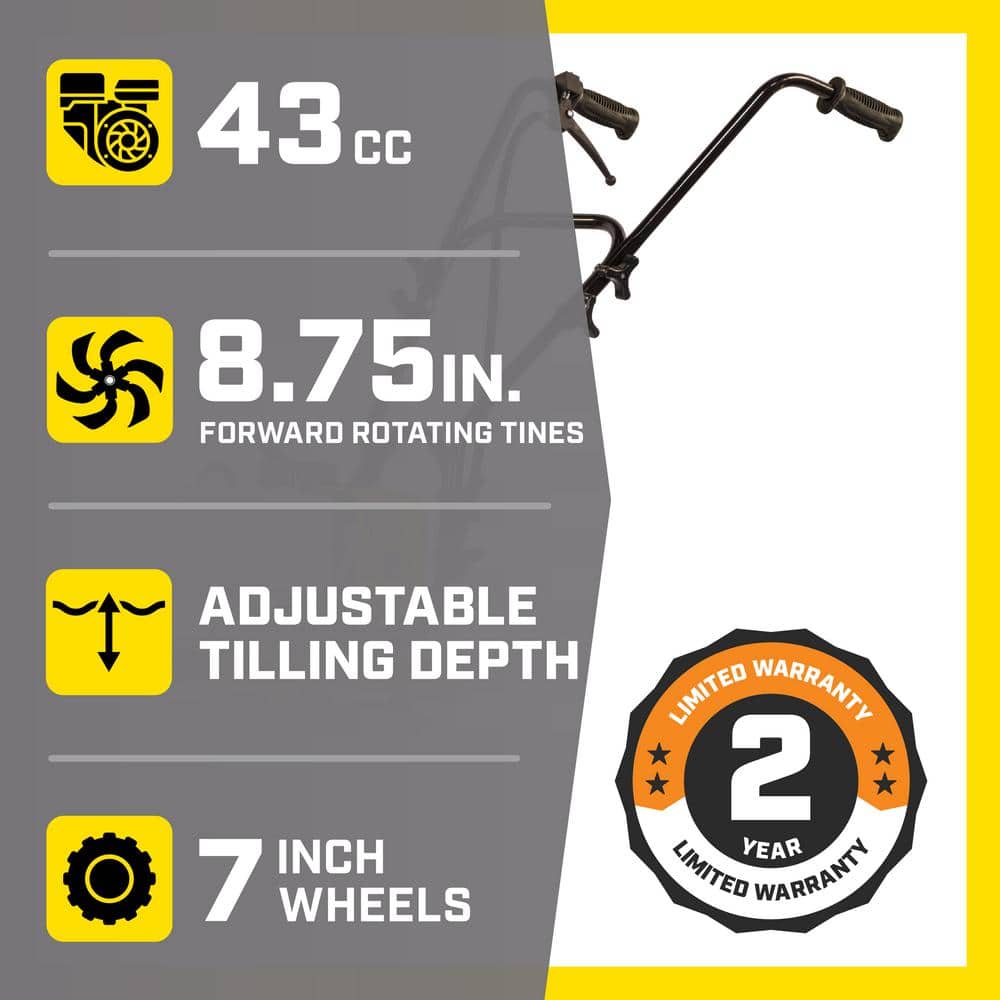 Champion Power Equipment 100882 9.5 in. 43 cc 2-Stroke Portable Gas Garden Tiller Cultivator with Adjustable Depth