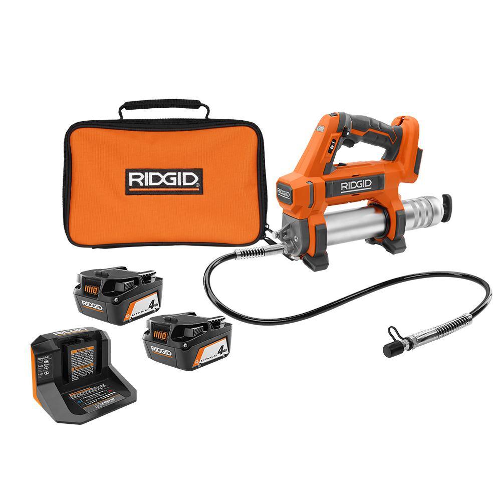 RIDGID R860445B-AC93044SBN 18V Cordless Grease Gun with (2) 4.0 Ah Batteries. 18V Charger. and Bag