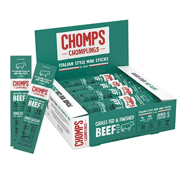 CHOMPS MINI Grass Fed Italian Style Beef Jerky Meat Snack Sticks. Keto. Paleo. Whole30 Approved. Low Carb. High Protein. Gluten Free. Sugar Free. Non-GMO. 40 Calories. 0.5 Oz Sticks. 24 Pack