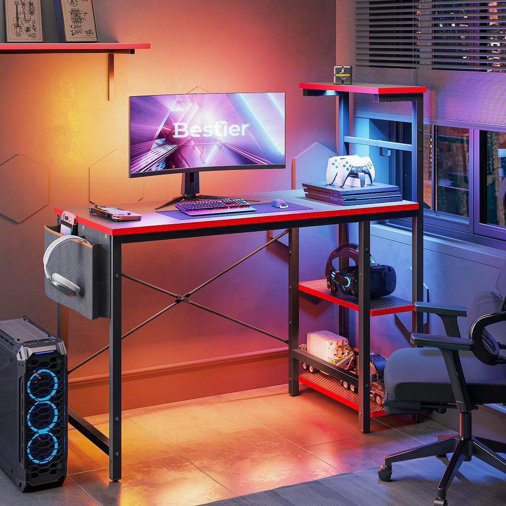Bestier Reversible 44 inch Computer Desk with LED Lights Gaming Desk . 4 Tier Shelves Carbon Fiber