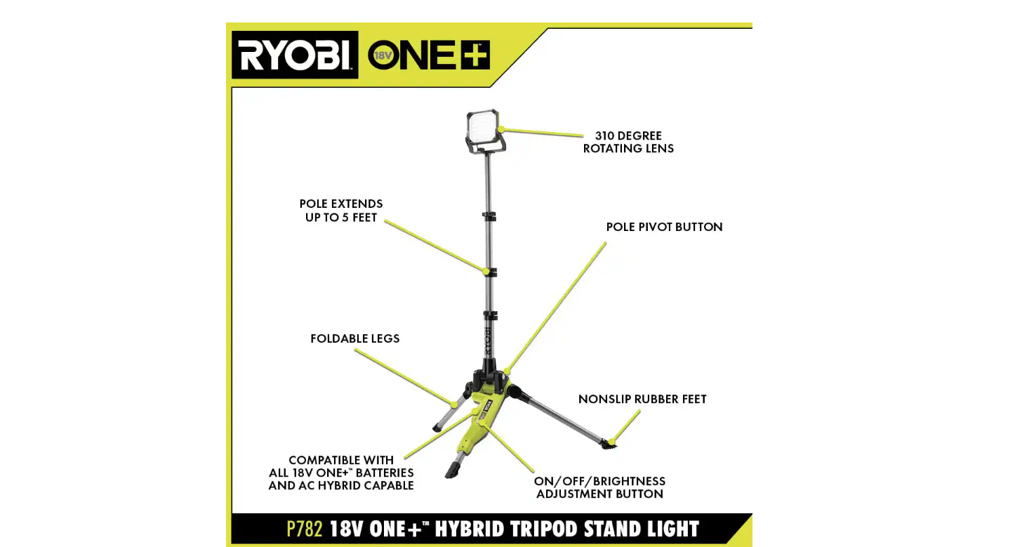 RYOBI P782 ONE+ 18V Cordless Hybrid LED Tripod Stand Light (Tool Only)