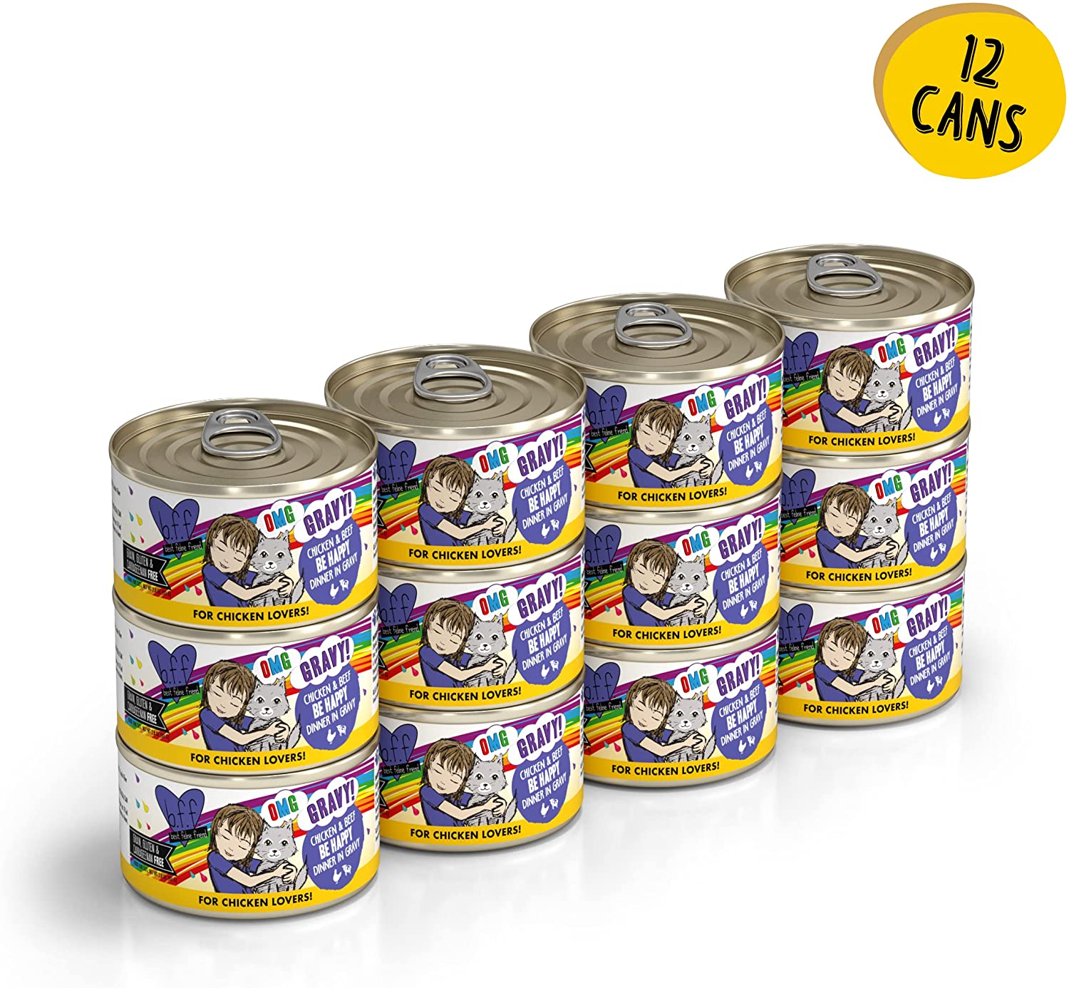 Weruva Wet Cat Food B.F.F. OMG - Best Feline Friend Oh My Gravy!. Chicken & Beef Be Happy with Chicken & Beef in Gravy. 2.8oz Can (Pack of 12)