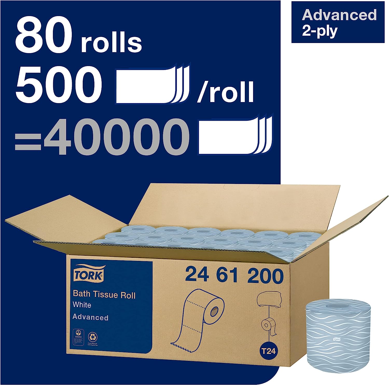 Tork Toilet Paper Roll White T24. Advanced. 2-Ply. 80 x 500 sheets. 2461200
