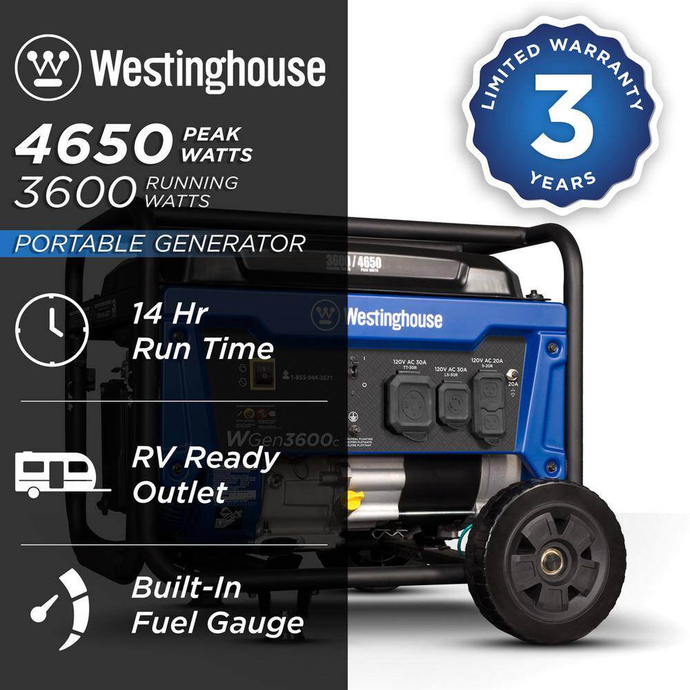 Westinghouse WGen3600c WGen3600c 4.650/3.600 Watt Gasoline Powered RV-Ready Portable Generator with Recoil Start and CO Sensor