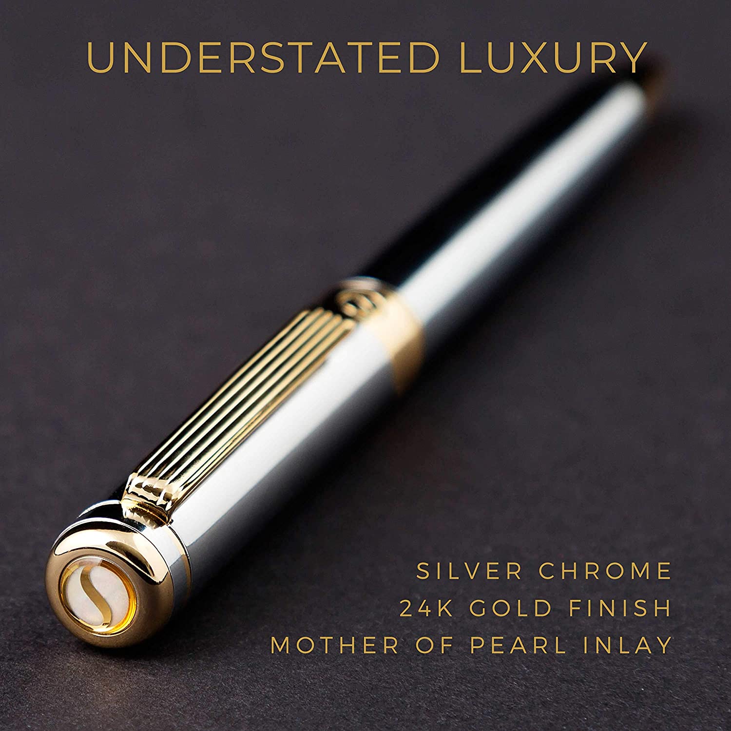 Scriveiner Silver Chrome Rollerball Pen - Stunning Luxury Pen with 24K Gold Finish. Schmidt Ink Refill. Best Roller Ball Pen Gift Set for Men & Women. Professional. Executive Office. Nice. Fancy Pens