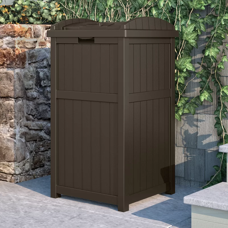 Suncast GH1732J 33 Gallon Can Resin Outdoor Trash Hideaway with Lid Use in Backyard. Deck. or Patio. Brown