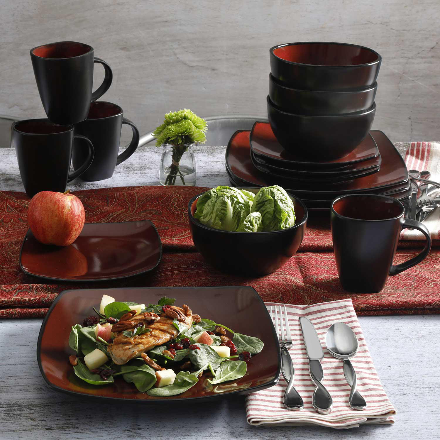 Gibson Home Soho Lounge 16-Piece Reactive Glaze Dinnerware Set. Red