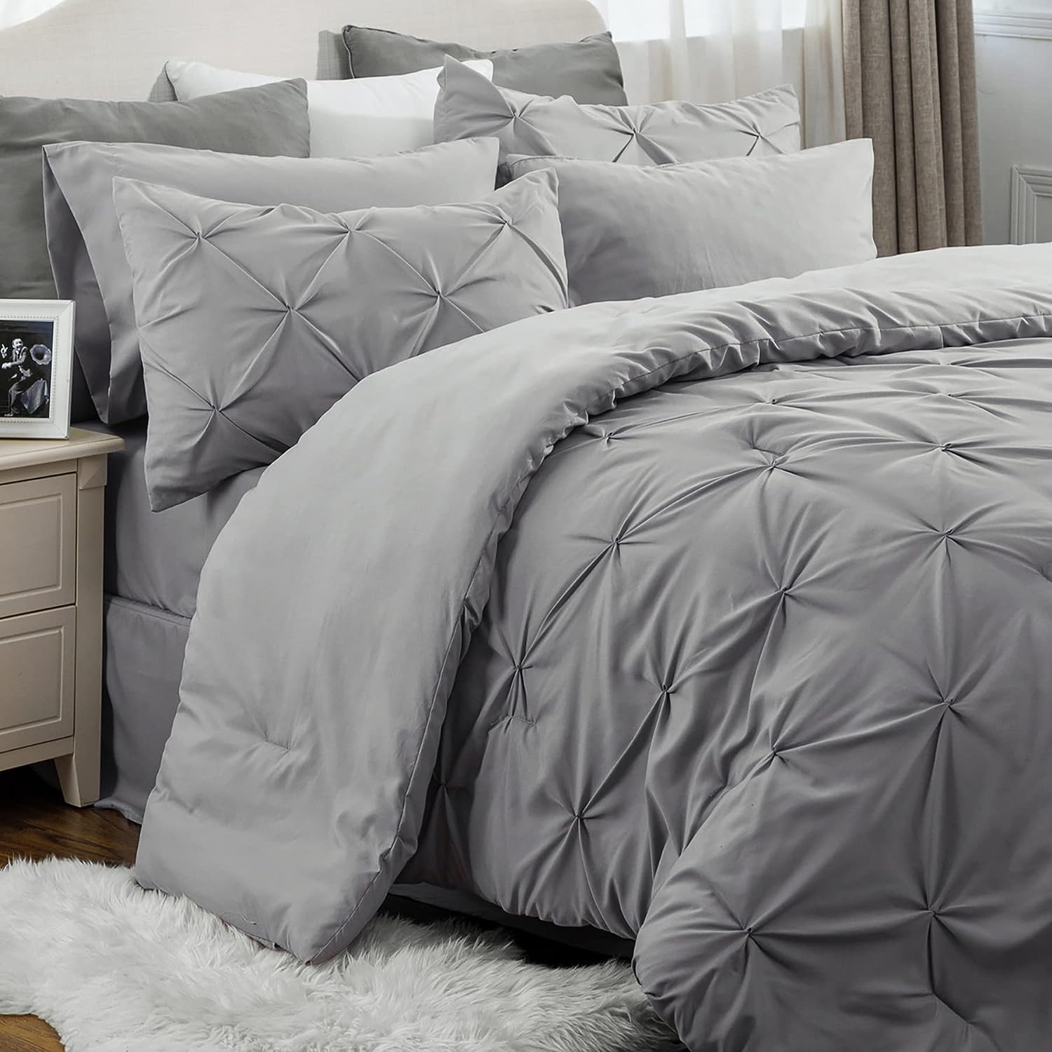 Bedsure Queen Comforter Set - 7 Pieces Comforters Queen Size Grey. Pintuck Bedding Sets Queen for All Season. Bed in a Bag with Flat Sheet and Fitted Sheet. Pillowcases & Shams