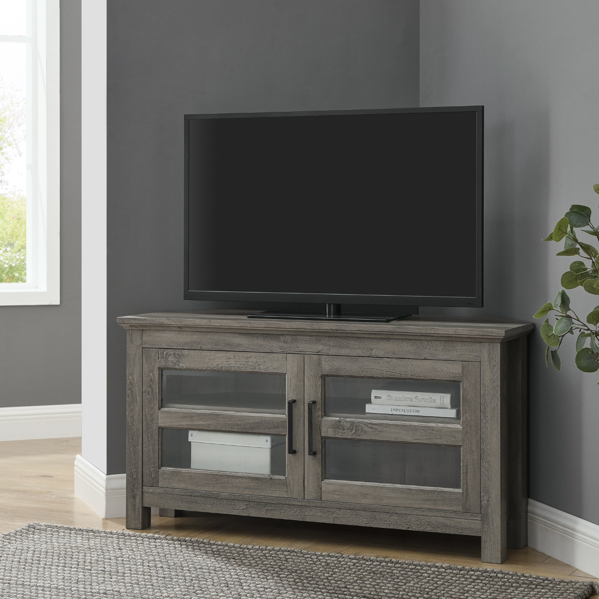 Woven Paths Modern Farmhouse Corner TV Stand for TVs up to 48″. Grey Wash