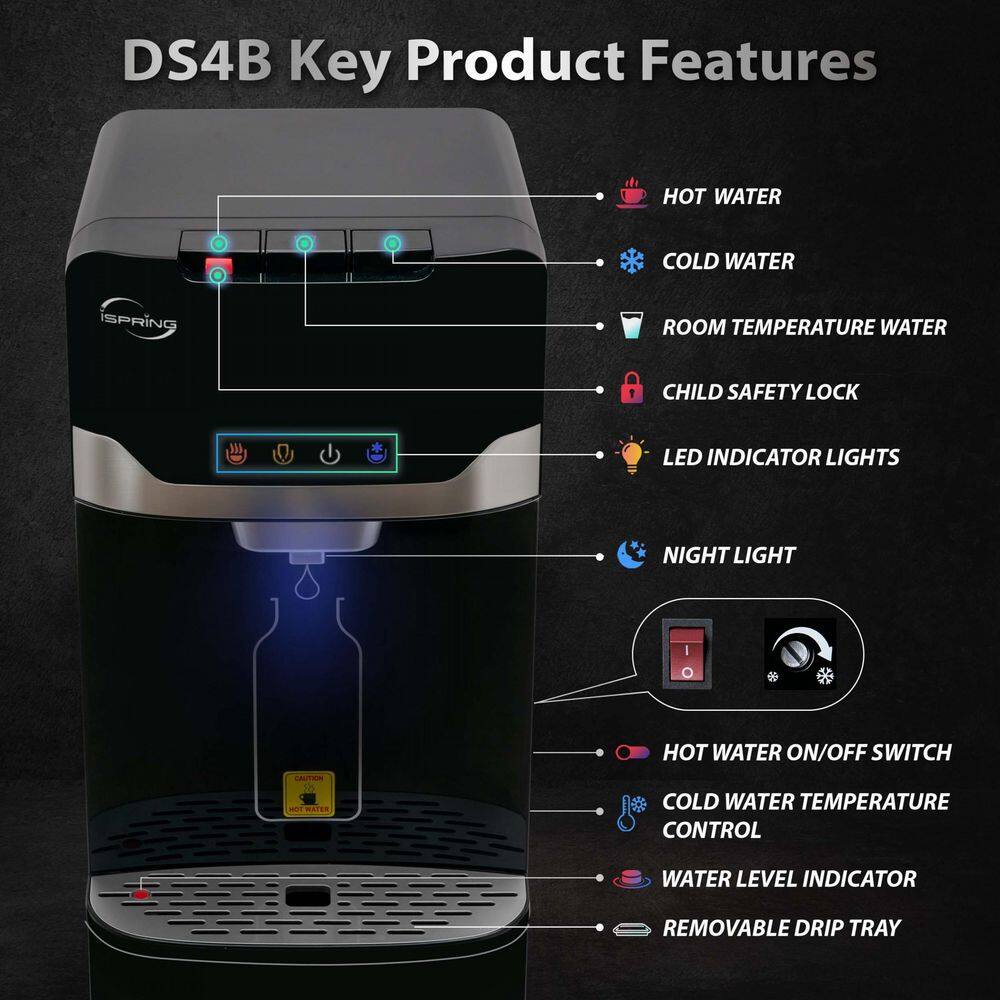 ISPRING DS4-B Bottleless Water Cooler Dispenser. Self Cleaning. Free-Standing Water Cooler Dispenser with Filtration