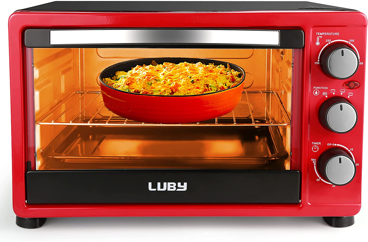 LUBY Convection Toaster Oven with Timer. Toast. Broil Settings. Includes Baking Pan. Rack and Crumb Tray. 6-Slice. Red