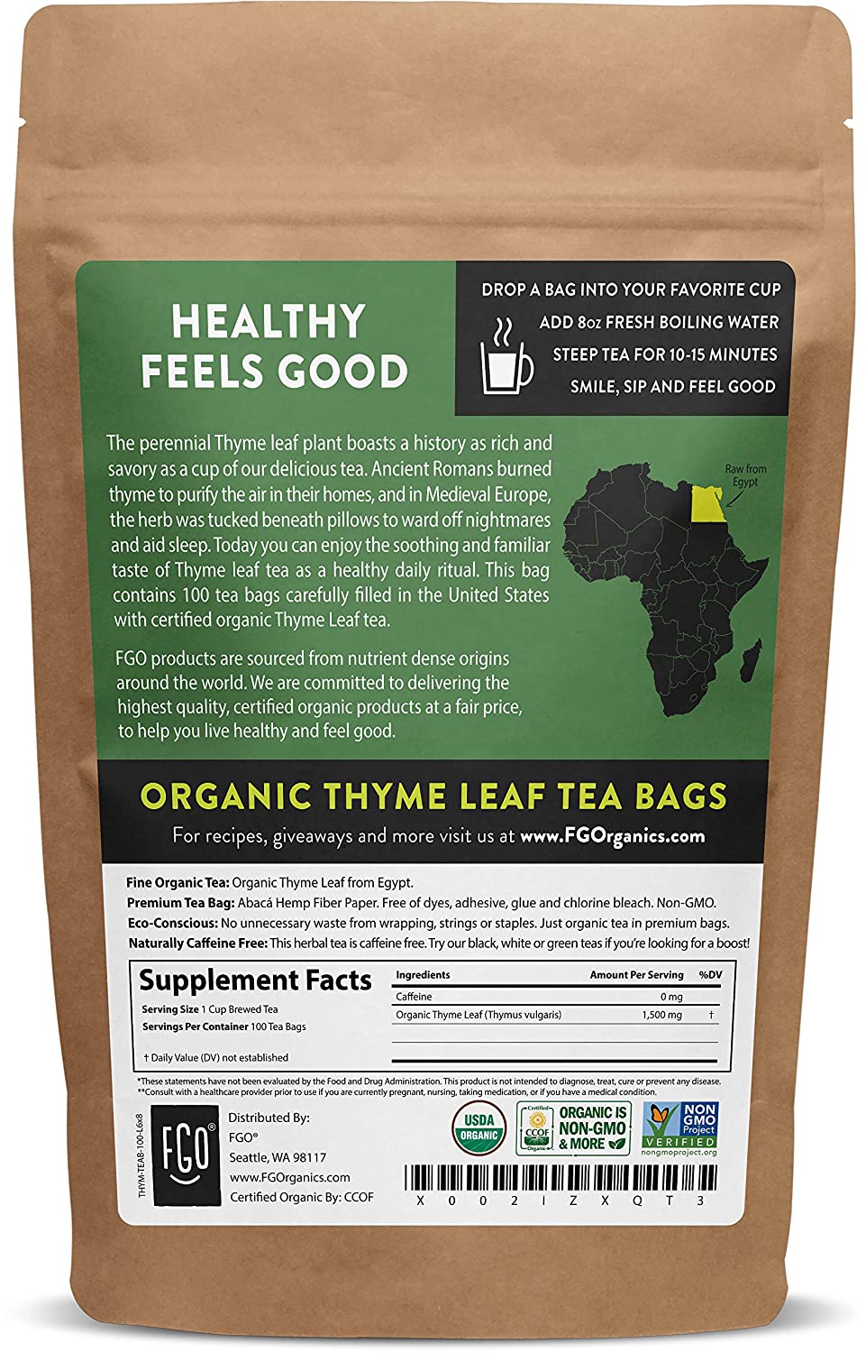 FGO Organic Thyme Leaf Tea Bags 100 Tea Bags Eco-Conscious Tea Bags in Kraft Bag