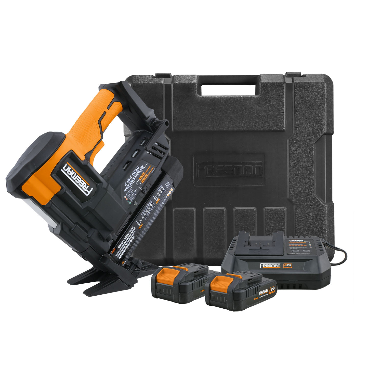Freeman PE4118GF 20 Volt Cordless 4-in-1 18-Gauge 2″ Flooring Nailer / Stapler Kit with 2 Ah Lithium-Ion Batteries. Charger. Case. and Fasteners (1000 Count)
